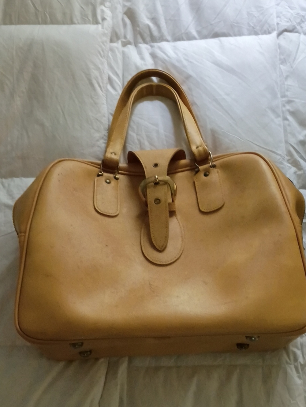 American Tourister Tan Leather Duffel with Buckle Accent